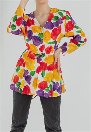 VINTAGE LONG SLEEVE WATERCOLOR PRINTED SHIRT PEPLUM HEM M
