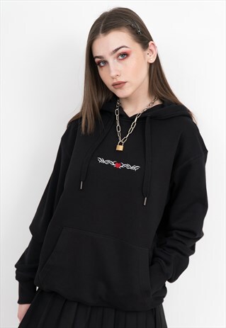 BLACK EMBROIDERED HOODIE HEART TRIBAL TATTOO Y2K EMBROIDERY