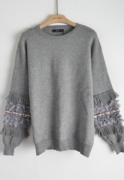 Knitted Jumper with Floral & Crystal Embellished Sleeve
