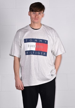 1990S TOMMY HILFIGER SPELLOUT LOGO T-SHIRT GREY MARL