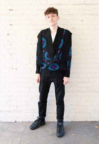80'S VINTAGE DECISIONS DECISIONS BLACK ABSTRACT L/S CARDIGAN
