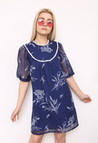 VINTAGE 80S BLUE HAWAIIAN FLORAL MINI DRESS