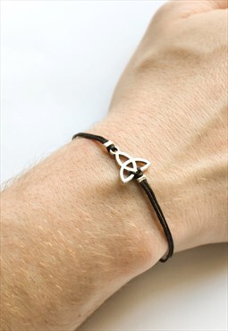 Men's bracelet, silver trinity charm, black cord, men gift