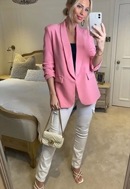 justyouroutfit Ruched Sleeve Blazer Pink 