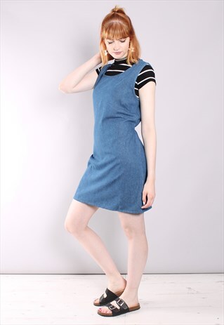 VINTAGE 80S DENIM PINAFORE TIE BACK DRESS