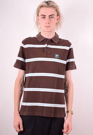 FILA MENS VINTAGE POLO SHIRT MEDIUM BROWN STRIPES 90S