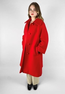 70's Red Wool Dagger Collar Ladies Vintage Midi Coat
