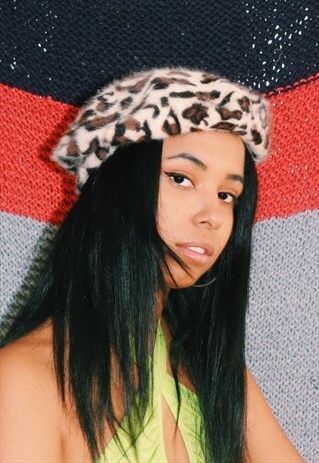 BROWN LEOPARD PRINT WOOL BERET