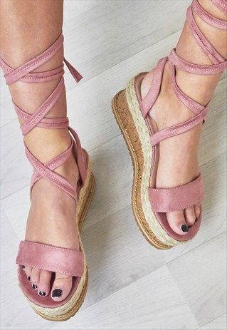 TROPEZ PINK LACE UP FAUX SUEDE ESPADRILLE FLATFORMS