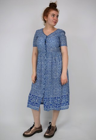 VINTAGE BLUE & WHITE FLORAL PRINTED BUTTON UP DRESS