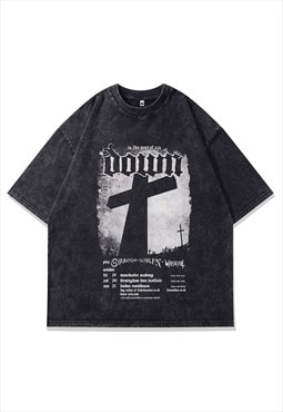 Cross print t-shirt grunge Gothic tee metalcore top in grey