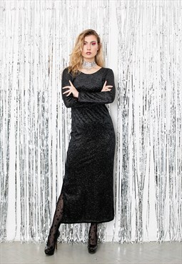 Vintage 90s Dress Black Velvet Shiny Long Maxi Silver 