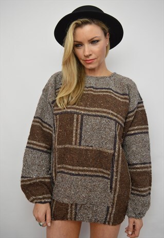 VINTAGE 90S BROWN & CREAM STRIPED WOVEN JUMPER HIPPY BOHO