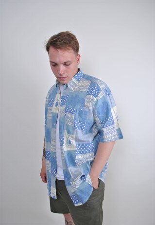 90S ABSTRACT PATTERN BLUE HOLIDAY SHIRT, SIZE L