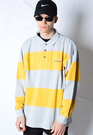VINTAGE 90S GREY YELLOW STRIPED LONG SLEEVE POLO SHIRT