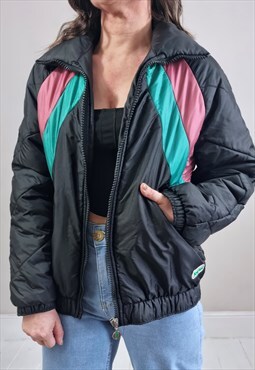 Vintage 80's Black Green and Pink Padded Bomber Jacket