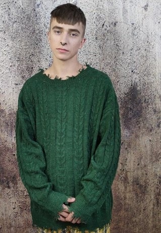 CABLE KNIT SWEATER DISTRESSED TOP RIPPED JUMPER IN GREEN