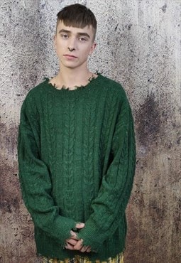 Cable knit sweater distressed top ripped jumper in green