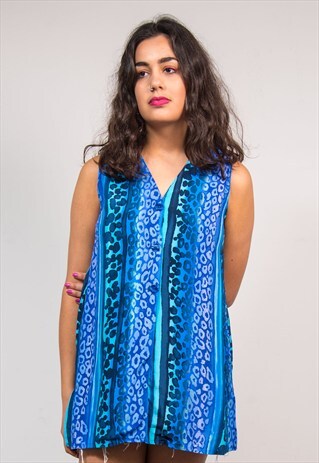 90'S BLUE LEOPARD PRINT STRIPE SLEEVELESS BLOUSE SHIRT