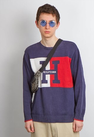 VINTAGE 90'S TOMMY HILFIGER LOGO NAVY BLUE JUMPER