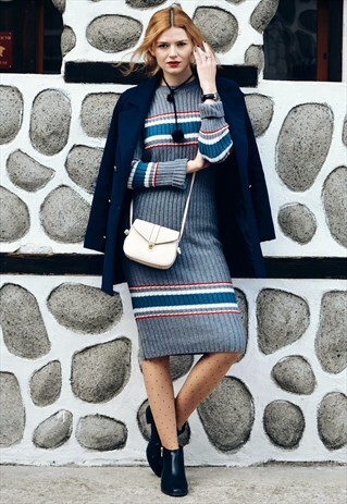 RIBBED KNITTED MIDI DRESS IN STRIPE