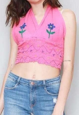 VINTAGE 1970'S PINK CHEESECLOTH EMBROIDERED HALTER CROP TOP