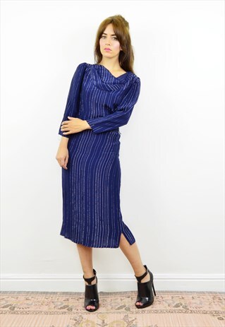 VINTAGE 80S NAVY SILVER STRIPED COWL NECK MIDI DRESS