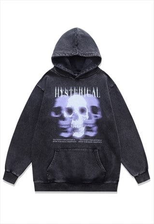 SKULL PRINT HOODIE VINTAGE WASH PULLOVER CREEPY JUMPER GREY