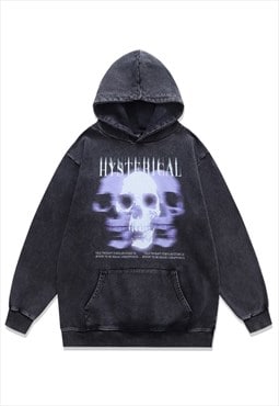 Skull print hoodie vintage wash pullover creepy jumper grey