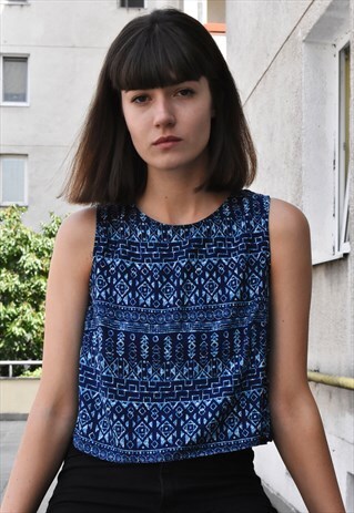 VINTAGE BLUE CROP TOP WITH TRIBAL PATTERN