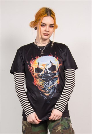 HARLEY-DAVIDSON VINTAGE 90'S BLACK SKULL PRINT SILK T-SHIRT