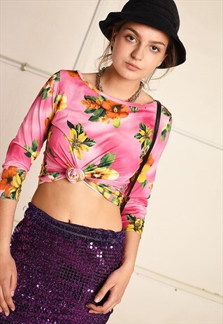 Y2K RETRO FESTIVAL FLORAL PRINT LYCRA TOP