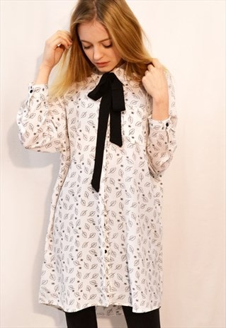 BLACK WHITE LEAVES PRINT SHIRT DRESS WITH SCARF OVERSIZE FIT