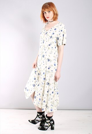 VINTAGE 90S CREAM FLORAL BUTTON TIE BACK MAXI DRESS