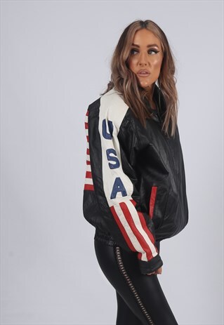 VINTAGE USA LEATHER BOMBER JACKET OVERSIZED UK 14 L (4AF)