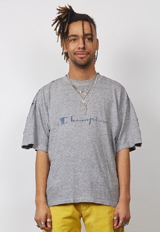 VINTAGE 90'S CHAMPION STRIPED TAPE GREY T-SHIRT