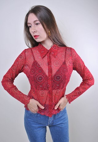 80S FLOWERS PRINT RED TRANSPARENT SEXY WOMEN BLOUSE, SIZE S
