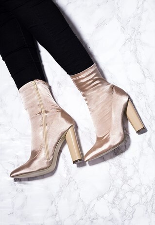 RHINO FITTED SOCK POINTED TOE BLOCK HEEL ANKLE BOOTS SHOES