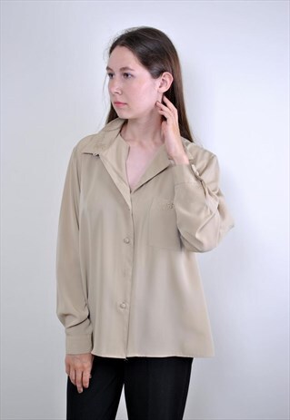 80S BEIGE MINIMALIST LONG SLEEVE BLOUSE, SIZE L