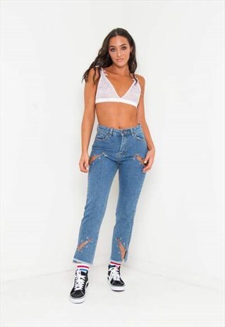 LAX INDIGO MOM JEAN WITH EYELET & RIP DETAIL