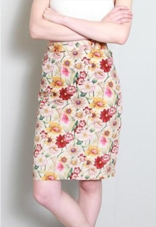 VINTAGE 1990'S BEIGE FLORAL PRINT PENCIL SKIRT
