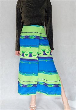 Vintage 90s Blue and Green Wrap Skirt, Small Size