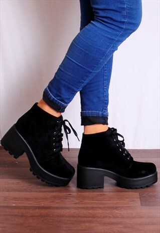 BLACK FAUX SUEDE LACE UPS CHUNKY PLATFORMS ANKLE BOOTS