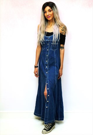 1990S VINTAGE BUTTON UP INDIGO PINAFORE DENIM MAXI DRESS