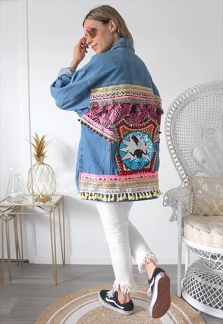 VINTAGE JEANS JACKET PRINTED ETHNIC EMBROIDERY