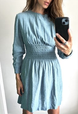 Retro Cyan Blue Mini Long Sleeved Dress - XS - S