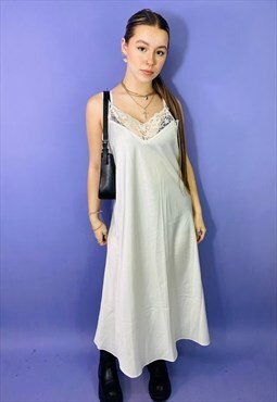 Vintage 90s White Satin Lace Trim Maxi Dress