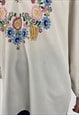 70'S WHITE VINTAGE TUNIC SMOCK BLOUSE HAND EMBROIDERY