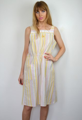 VINTAGE 90S SLEEVELESS PASTEL PINK STRIPE SUMMER MIDI DRESS