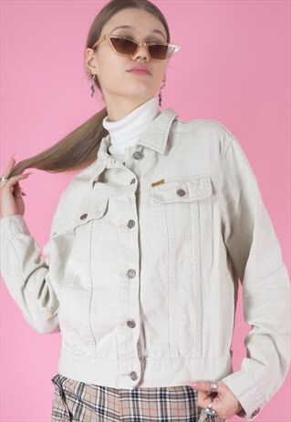 VINTAGE DENIM JACKET BOMBER IN CREME BEIGE WITH YELLOW LABEL